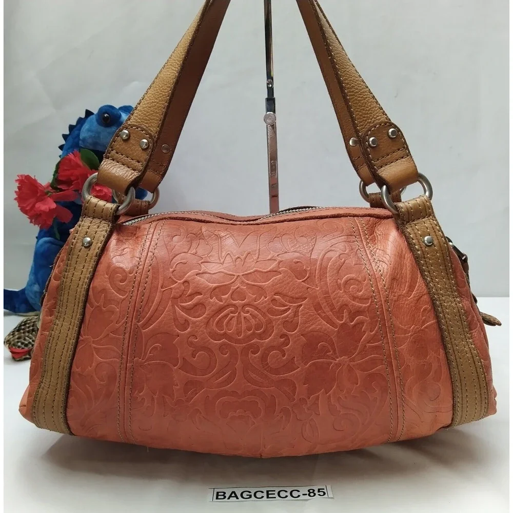 Fossil Orange Leather Floral Double Handles Zipper Closure Satchel Shoulder Bag
